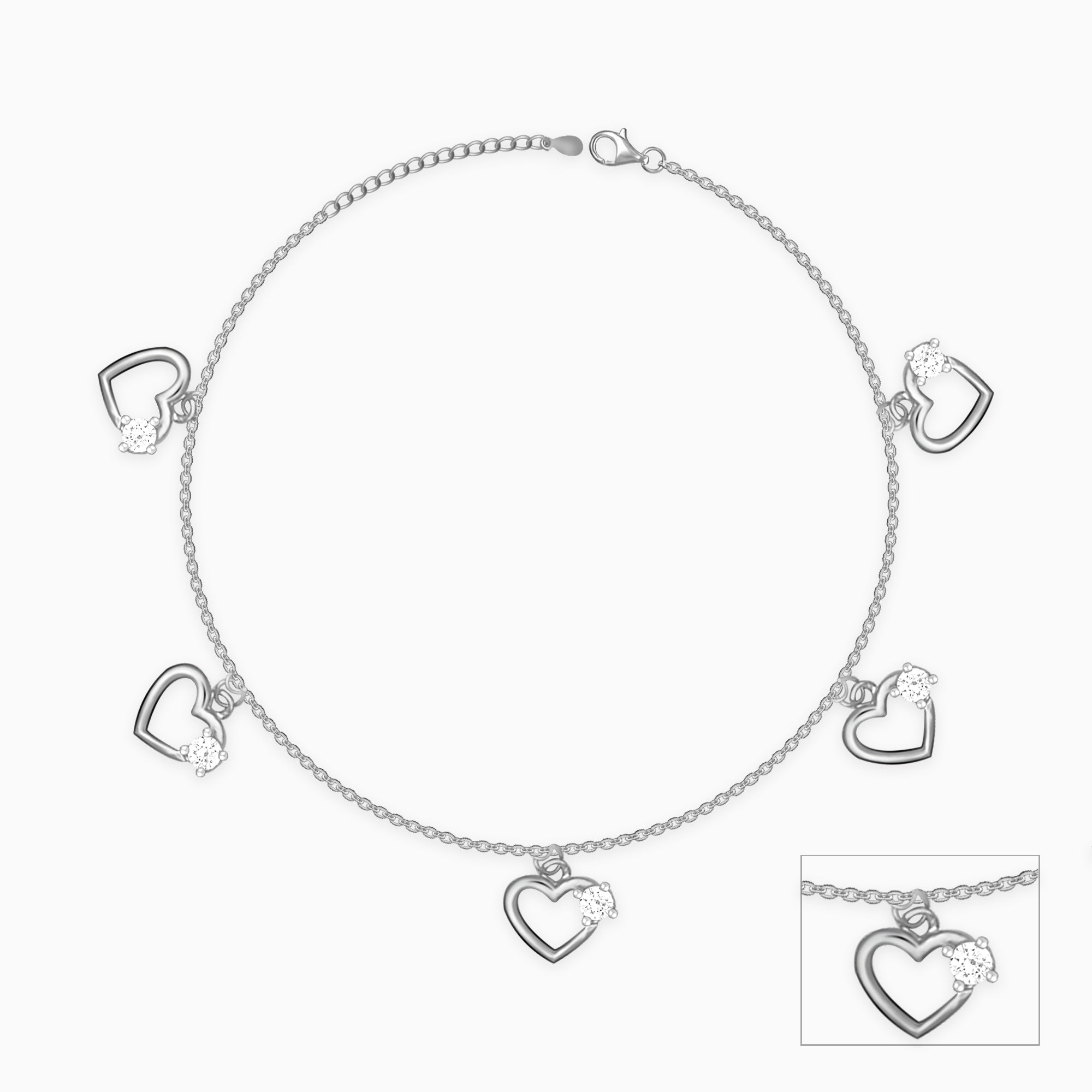 ATI Mexico Sterling Silver Chain Link Heart Charm Bracelet 7.25
